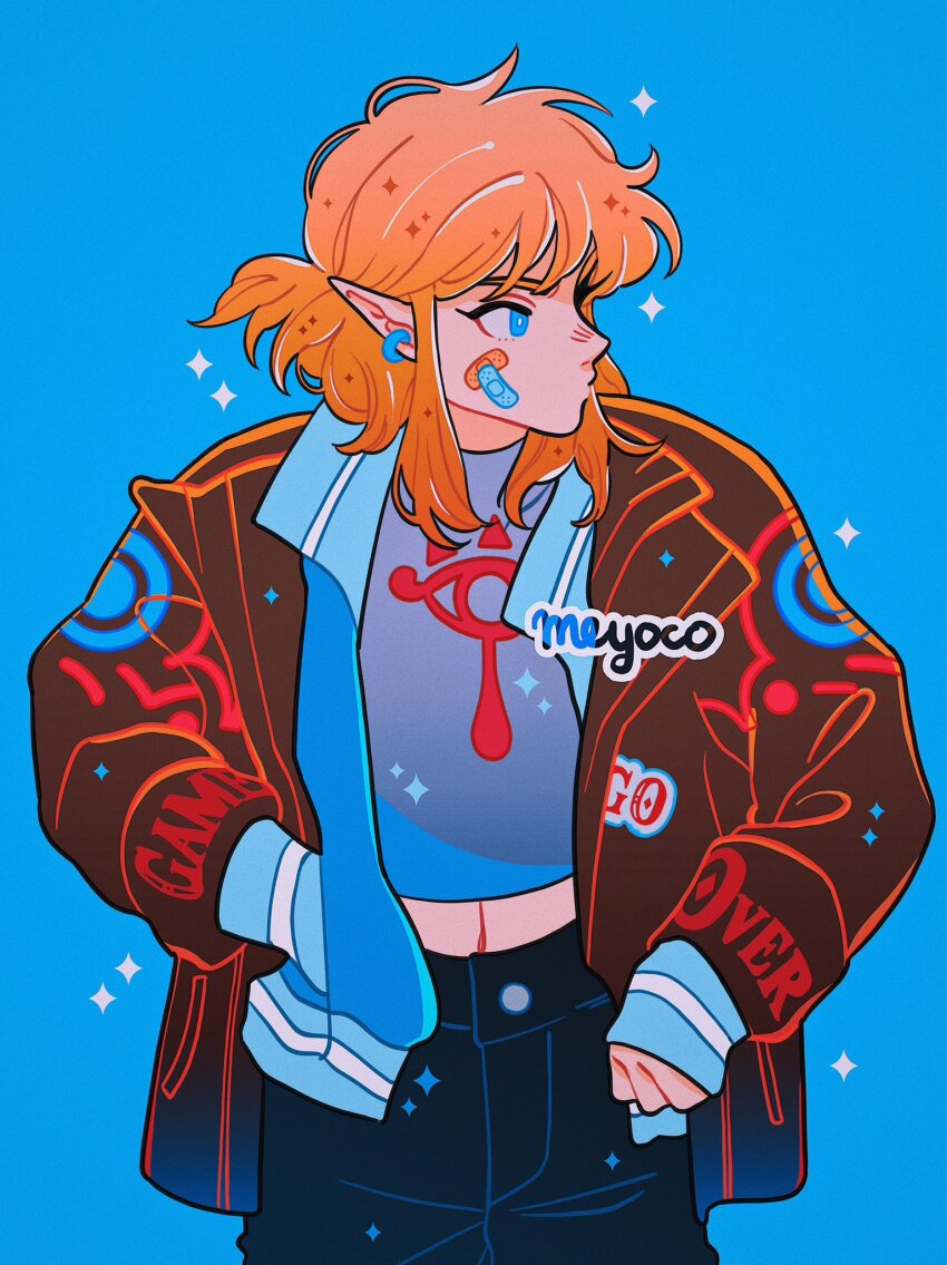1boy artist_name bandaid bandaid_on_cheek bandaid_on_face black_pants blonde_hair blue_background blue_eyes cowboy_shot earrings grey_shirt guardian_(zelda) highres jacket jewelry link long_sleeves male_focus medium_hair meyoco nintendo pants pointy_ears print_jacket print_shirt profile shirt simple_background sleeves_past_wrists solo sparkle the_legend_of_zelda the_legend_of_zelda:_breath_of_the_wild