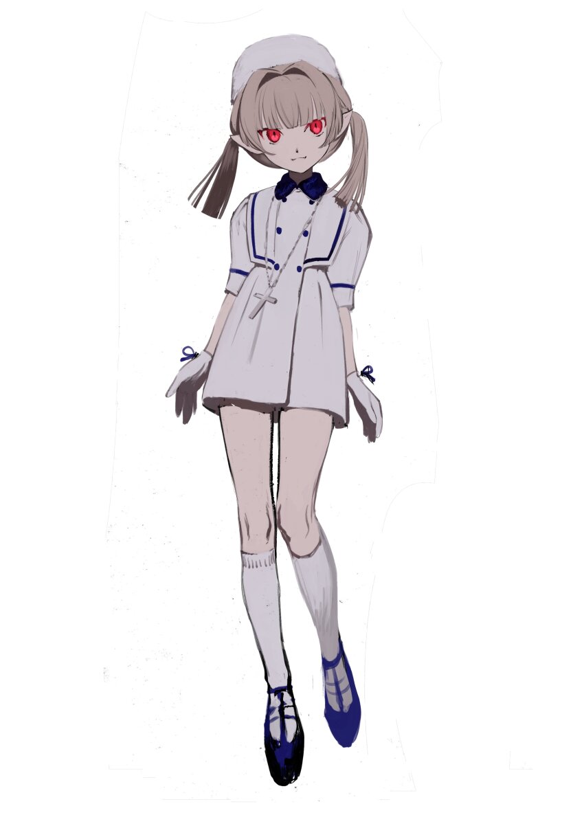 1girl absurdres blunt_bangs brown_hair buttons collared_dress cross cross_necklace double-breasted dress dt_777_tb fangs full_body fur_hat gloves hair_intakes hat highres jewelry kneehighs looking_at_viewer makaino_ririmu medium_hair necklace nijisanji papakha pointy_ears red_eyes shoes simple_background sketch smile socks solo twintails virtual_youtuber white_background white_dress white_gloves