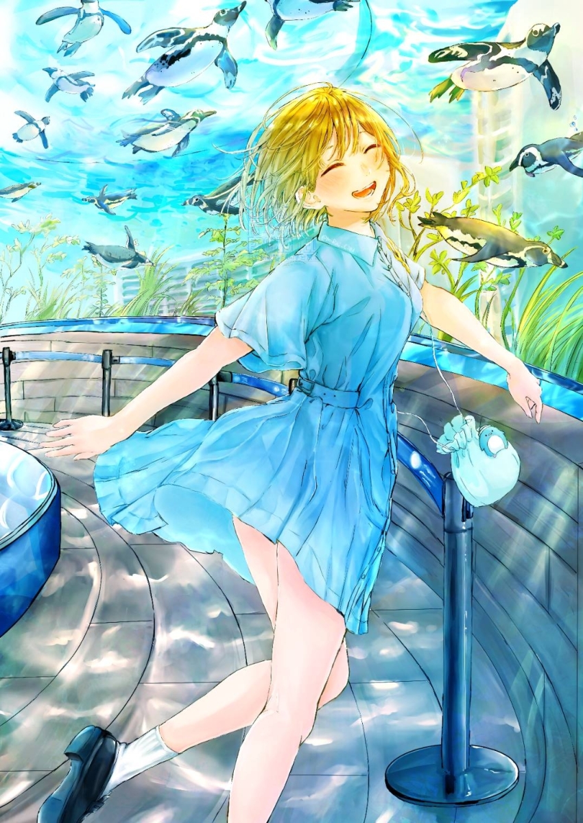 1girl ao_no_hako aquarium aquarium_tunnel bag bird black_shoes blonde_hair blue_dress blush collared_dress dress foot_out_of_frame highres indoors kano_chinatsu mirai_ciel open_mouth penguin shoes short_hair short_sleeves shoulder_bag smile socks solo standing standing_on_one_leg thighs white_socks
