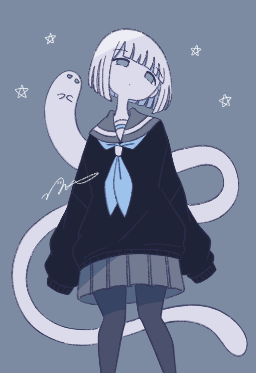 1girl arms_at_sides black_shirt blue_neckerchief feet_out_of_frame ghost grey_background grey_sailor_collar grey_skirt highres long_sleeves miniskirt neckerchief omochi_noa original pantyhose pleated_skirt sailor_collar school_uniform serafuku shirt short_hair signature skirt sleeves_past_fingers sleeves_past_wrists standing white_hair