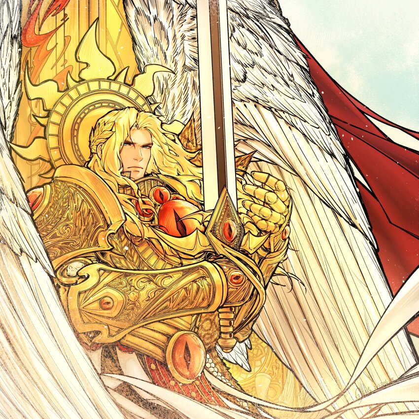 1boy absurdres angel_wings armor blade_encarmine blonde_hair blood_angels blue_eyes breastplate commentary commentary_request couter english_commentary eyes_of_horus_(warhammer_40k) gold_armor goldriver halo highres holding holding_sword holding_weapon laurel_crown long_hair male_focus pauldrons pelvic_curtain power_armor primarch rerebrace sanguinius shoulder_armor solo sword warhammer_40k weapon wings