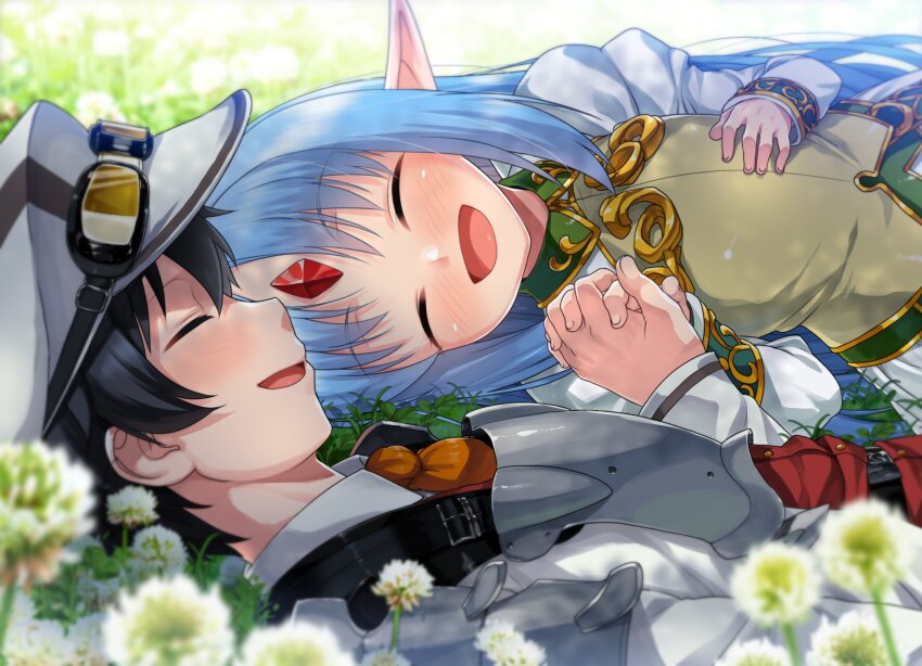 1boy 1girl absurdres closed_eyes commentary commission couple dress el_mofus el_mofus_(black_hair_male) field flat_chest flower flower_field forehead_jewel goggles goggles_on_headwear hat hetero highres holding_hands interlocked_fingers kalar_(race) lying nature open_mouth outdoors pointy_ears rance_(series) rance_x reset_kalar shirane_taito skeb_commission smile upper_body