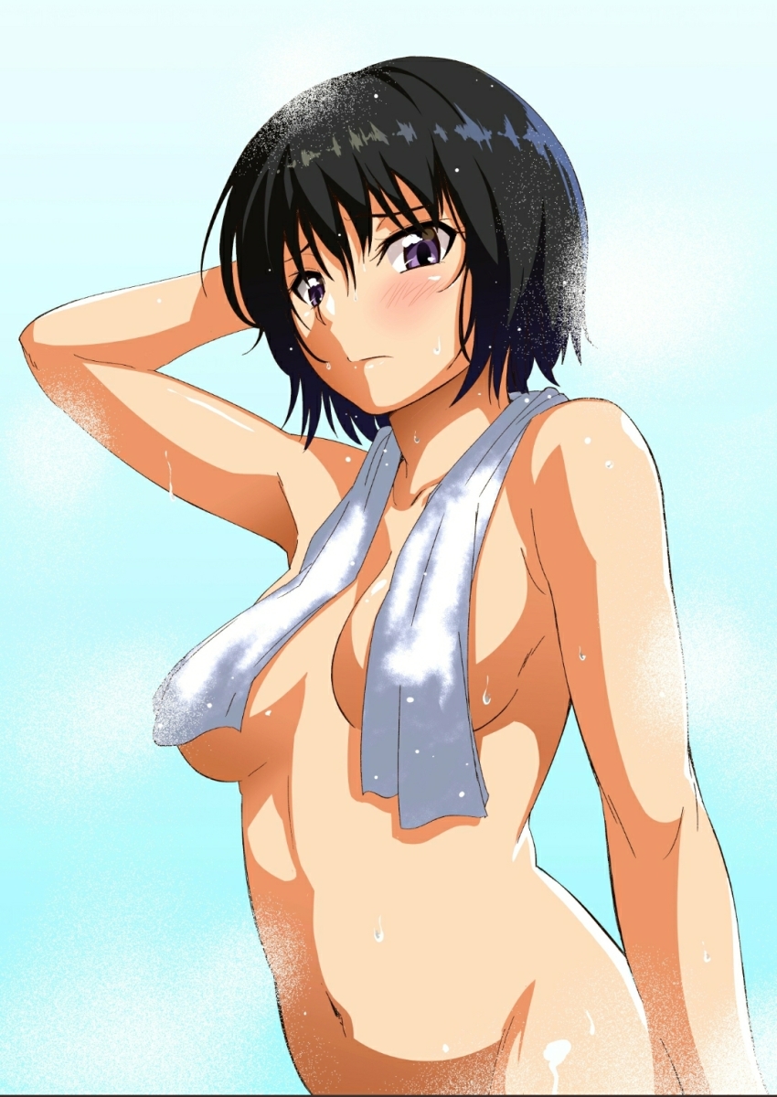 1girl amagami arm_behind_head black_eyes black_hair blue_background blush closed_mouth collarbone completely_nude covering_privates gradient_background groin hand_up highres jishaku_(user_rcuz2843) looking_at_viewer naked_towel nanasaki_ai navel nude nude_cover short_hair solo steam towel towel_around_breasts towel_around_neck upper_body wet