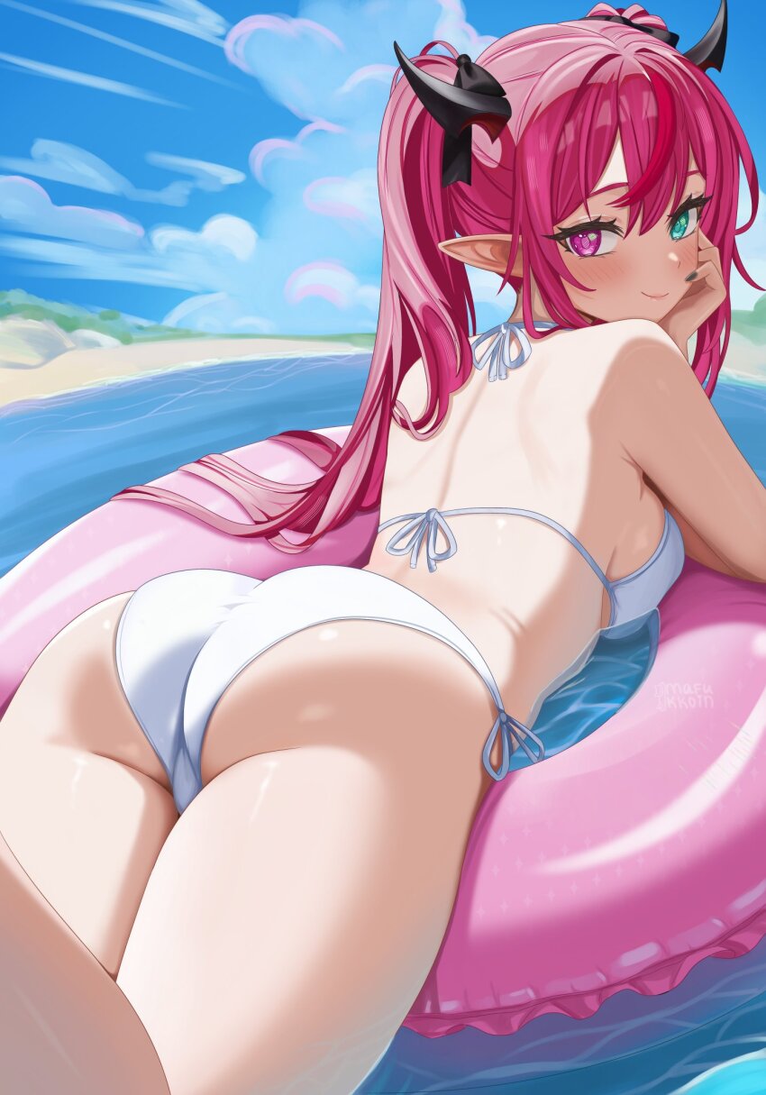 1girl afloat ass bikini black_horns black_nails black_ribbon blush breasts closed_mouth commentary day fingernails from_behind green_eyes hair_between_eyes hair_ribbon hand_on_own_cheek hand_on_own_face heterochromia highres hololive hololive_english horns innertube irys_(hololive) long_hair looking_at_viewer looking_back lying mafukkoin medium_breasts multicolored_hair ocean on_stomach outdoors pointy_ears purple_eyes purple_hair red_hair ribbon side-tie_bikini_bottom smile solo streaked_hair swim_ring swimsuit symbol-only_commentary twintails very_long_hair virtual_youtuber water white_bikini