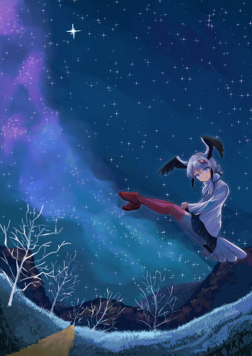 1girl absurdres bird_girl bird_tail bird_wings black_hair black_skirt blue_eyes blush flying fur_collar hair_ornament hairclip head_wings highres kemono_friends kemono_friends_3 loafers long_sleeves multicolored_hair night night_sky oriental_stork_(kemono_friends) pantyhose paro3920 pleated_skirt red_pantyhose red_shoes shirt shoes sidelocks skirt sky solo star_(sky) tail two-tone_hair two-tone_pantyhose white_fur white_hair white_pantyhose white_shirt wings