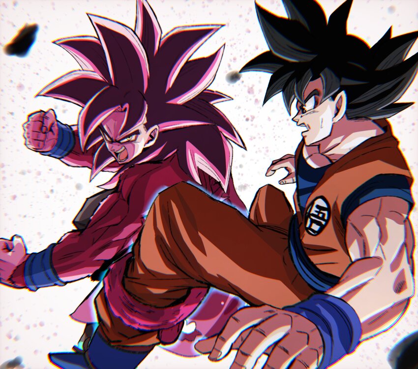 2boys angry black_hair fighting grey_eyes highres multiple_boys muscular muscular_male nervous nervous_sweating punching red_fur red_hair scared serious son_goku spiked_hair super_dragon_ball_heroes super_full_power_saiyan_4_limit_breaker sweat tagme ultra_instinct