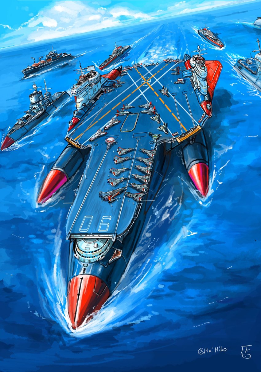 aircraft aircraft_carrier airplane blue_sky cloud commentary_request day dutch_angle fighter_jet hai_to_hickory highres horizon military military_vehicle no_humans ocean original ship signature sky twitter_username vehicle_focus warship watercraft
