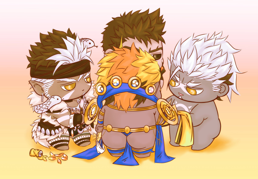 4boys ass beard belt bidziil_(gyee) blonde_hair brown_eyes brown_hair buegnahrnc9m9lh chibi collar dark_skin ear_piercing earrings facial_hair gyee heracles_(housamo) highres jewelry loincloth male_focus metal metal_belt metal_collar multicolored_hair multiple_boys necklace paradiso_guardian piercing raikoh_(paradiso_guardian) simple_background smile snake spiked_hair tangaroa_(housamo) tattoo tokyo_houkago_summoners white_hair yellow_eyes