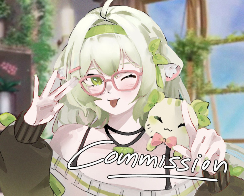 1girl ahoge animal animal_ears animal_on_shoulder bare_shoulders black_bra blue_sky bow bowtie bra bra_strap ferret ferret_ears ferret_girl food fruit glasses gradient_hair green_eyes green_fur green_hair green_nails hair_between_eyes hair_ornament hairband hairclip indie_virtual_youtuber jewelry laimu_(vtuber) laimu_(vtuber)_(cozy) leaf lime_(fruit) lime_slice limon_(laimu) long_hair multicolored_hair necklace pink-framed_eyewear pink_bow pink_bowtie pink_nails plant puffy_sleeves ribbon rrrina_4 shelf sky sweater two-tone_hair underwear uwu vines vinesauce virtual_youtuber white_hair window
