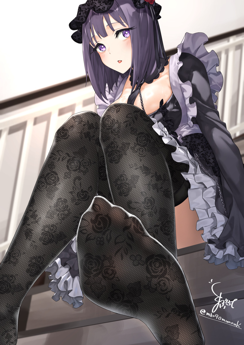 1girl :o absurdres between_breasts black_bonnet black_dress blush bonnet breasts chain chain_leash collarbone commentary_request cosplay dress feet floral_print floral_print_thighhighs flower foot_focus frills gothic_lolita highres kitagawa_marin kuroe_shizuku kuroe_shizuku_(cosplay) lace-trimmed_collar lace_trim large_breasts leash lolita_fashion long_hair long_sleeves looking_at_viewer maburoku necktie necktie_between_breasts no_shoes parted_lips purple_eyes purple_hair rose signature sitting soles solo sono_bisque_doll_wa_koi_wo_suru toes twitter_username