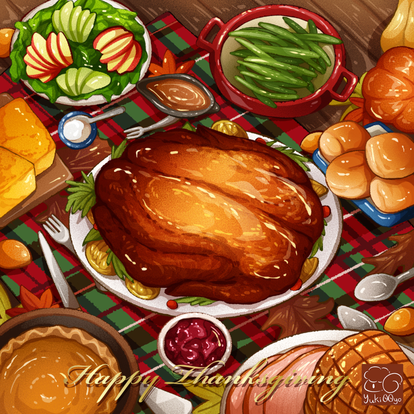 apple artist_logo bread food food_focus fork fruit gravy gravy_boat ham highres knife logo meat no_humans original pea_pod pie plate pumpkin_pie salad spoon thanksgiving turkey_(food) yuki00yo