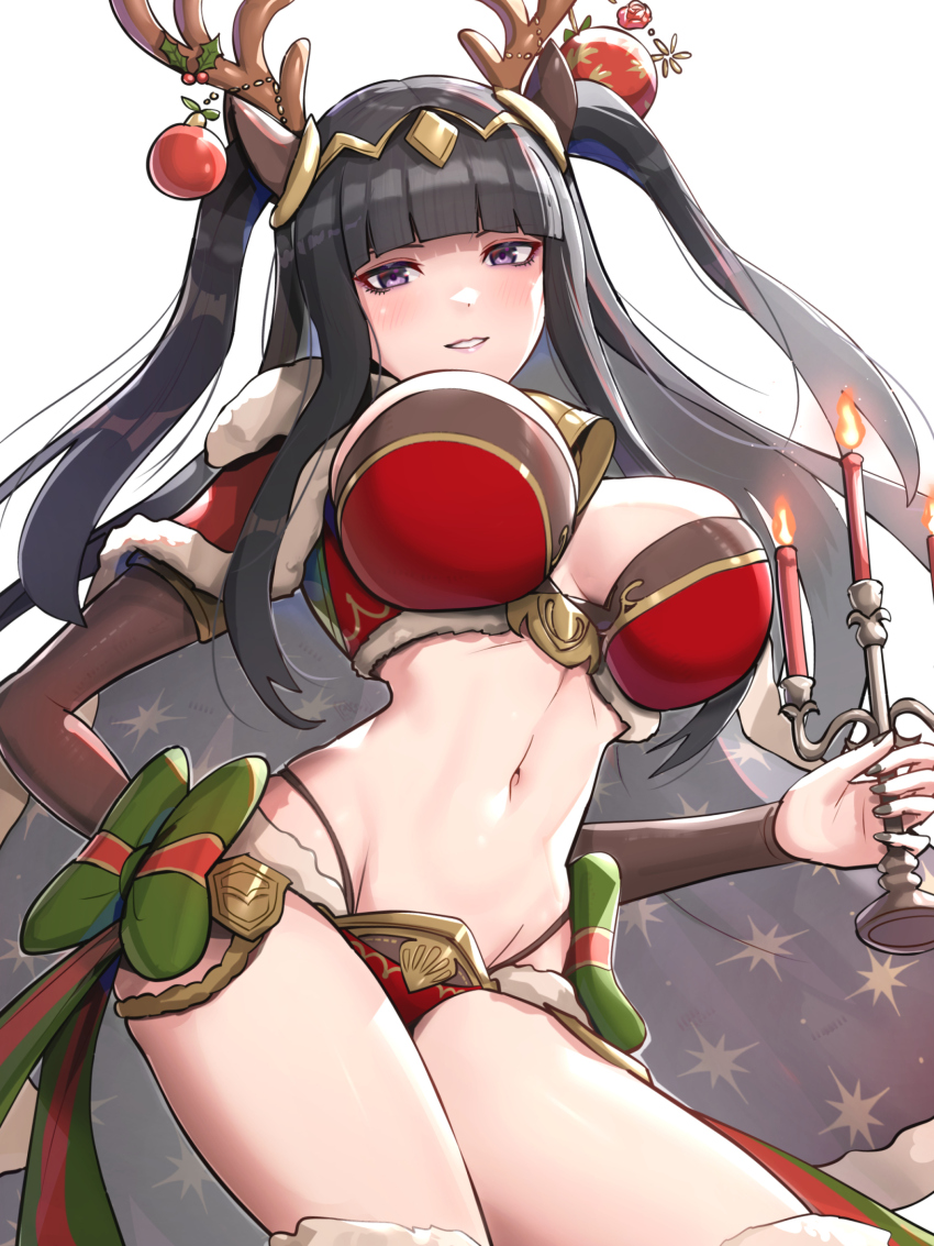1girl antlers bikini black_hair black_nails blunt_bangs breasts candelabra candle candlestand cape christmas christmas_ornaments cleavage fake_antlers fire_emblem fire_emblem_awakening fire_emblem_heroes fur-trimmed_panties fur_cape fur_trim gonzarez green_ribbon hair_ornament highres holding holly_hair_ornament horns large_breasts looking_at_viewer nail_polish navel nintendo panties purple_eyes red_bikini reindeer_antlers reindeer_hair_ornament ribbon santa_bikini santa_costume simple_background solo swimsuit tharja_(&quot;normal_girl&quot;)_(fire_emblem) tharja_(fire_emblem) tiara twintails underwear white_background