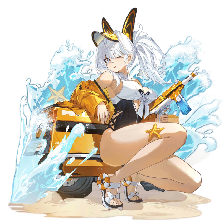 1girl animal_ears bandaid bandaid_on_face bandaid_on_nose black_one-piece_swimsuit blue_eyes breasts cropped_jacket fake_animal_ears feet freckles front_zipper_swimsuit_(realise) full_body girls&#039;_frontline highres honda_motocompo jacket large_breasts long_sleeves looking_at_viewer lusa_(girls&#039;_frontline) lusa_(seaside_striker)_(girls&#039;_frontline) lusa_submachine_gun medium_hair meme_attire mto_man off_shoulder official_alternate_costume official_art one-piece_swimsuit one_eye_closed partially_unzipped rabbit_ears sand sandals side_ponytail simple_background solo squatting starfish sweatdrop swimsuit taking_cover third-party_source toes transparent_background trigger_discipline two-tone_swimsuit unused_tire visor_cap water waves white_hair white_sandals yellow_jacket