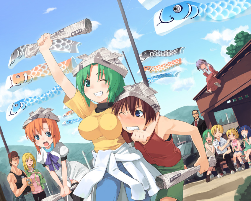 00s 4boys 6+girls beard blonde_hair blue_hair blush breasts breasts_squeezed_together brown_hair camera closed_eyes covered_erect_nipples everyone facial_hair food furude_rika green_hair grin hanyuu hat higurashi_no_naku_koro_ni horns houjou_satoko houjou_satoshi impossible_clothes impossible_shirt kasai_tatsuyoshi kashiwa_mochi_(food) kodomo_no_hi koinobori large_breasts long_hair maebara_keiichi mochi multiple_boys multiple_girls newspaper one_eye_closed open_mouth orange_hair origami panties paper_hat paper_kabuto purple_hair ryuuguu_rena shirt short_hair siblings sisters smile sonozaki_mion sonozaki_shion takano_miyo tank_top thighhighs tomitake_jirou twins underwear wince windsock zongzi
