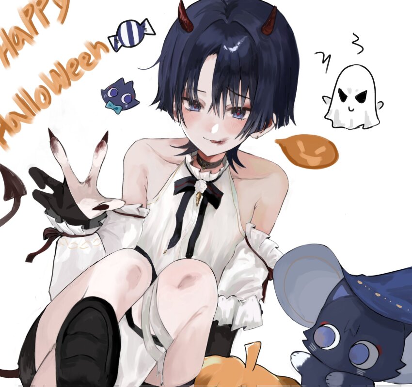 1boy animalization armpit_crease black_cat black_choker black_eyes black_gloves black_hair black_nails black_shorts black_tail blood blood_from_mouth blood_on_hands blunt_ends candy cat choker collarbone curtained_hair demon_boy demon_horns demon_tail detached_sleeves dutch_angle eyeshadow fang fingernails food frilled_shirt_collar frills genshin_impact ghost gloves half_gloves halloween_costume hand_up happy_halloween hat heart heart_tail highres horns looking_at_viewer makeup male_focus person_and_animalization red_eyeshadow red_horns red_pupils scaramouche_(cat)_(genshin_impact) scaramouche_(genshin_impact) sharp_fingernails shirt shorts single_hair_intake single_half_glove sitting skin_fang solo spoken_expression swept_bangs t112 tail thigh_strap tongue tongue_out tsurime white_background white_shirt white_sleeves wispy_bangs witch_hat