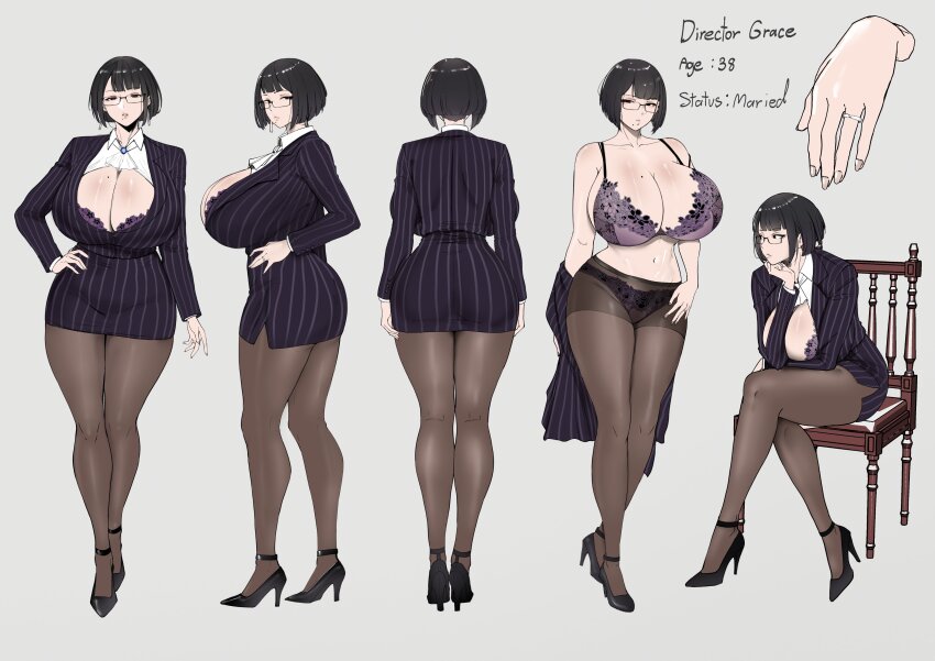 1girl absurdres ascot bare_shoulders black_hair black_pantyhose bra bra_peek breasts chair cleavage cleavage_cutout clothing_cutout collared_shirt commentary crossed_legs curvy earrings english_commentary english_text from_behind from_side full_body glasses grace_(puzenketsu) grey_background hand_on_own_chin hand_on_own_hip high_heels highres huge_breasts jacket jacket_partially_removed jewelry leaning_forward looking_at_viewer looking_to_the_side mature_female mole mole_on_breast mole_under_mouth multiple_views navel original panties pantyhose pinstripe_jacket pinstripe_pattern pinstripe_skirt purple_bra purple_jacket purple_panties purple_skirt puzenketsu ring shirt short_hair simple_background sitting skirt standing underwear white_ascot white_shirt