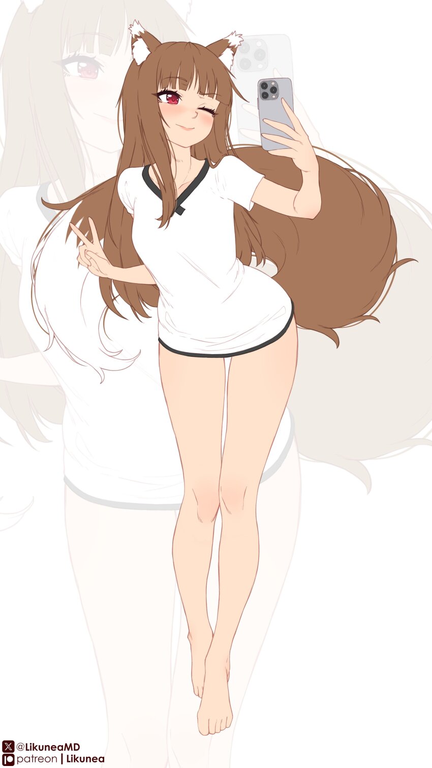 1girl ;) absurdres animal_ear_fluff animal_ears barefoot blush brown_hair cellphone closed_mouth commentary english_commentary feet full_body highres holding holding_phone holo large_tail likunea long_hair looking_at_phone no_pants one_eye_closed patreon_logo patreon_username phone red_eyes shirt short_sleeves smartphone smile spice_and_wolf standing tail toes twitter_logo twitter_username v very_long_hair white_shirt wolf_ears wolf_girl wolf_tail zoom_layer