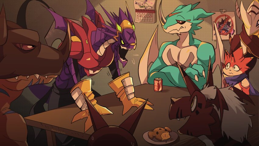 arresterdramon betelgammamon bread calendar_(object) digimon digimon_(creature) dogatchmon food gloves greymon growmon gulusgammamon highres horns looking_at_another scar sharp_teeth smile tailmon teeth vritramon wings xv-mon