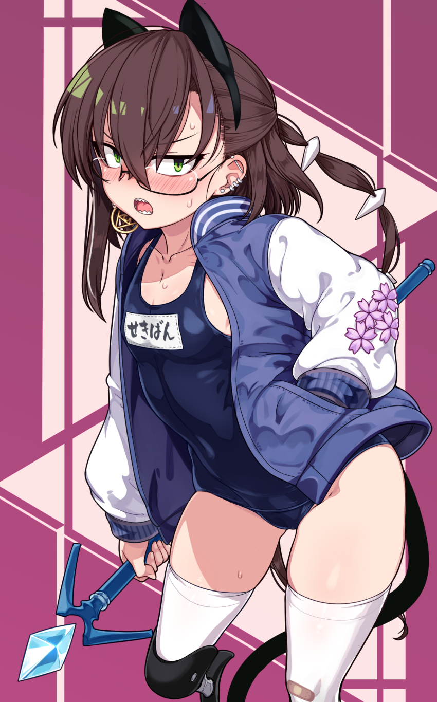 1girl animal_ears bandaid black-framed_eyewear black_tail blue_jacket blue_one-piece_swimsuit blush brown_hair cat_ears cat_tail collarbone commentary_request ear_piercing fake_animal_ears fake_tail flat_chest glasses green_eyes hair_between_eyes hair_ornament hand_in_pocket highres holding holding_staff indie_virtual_youtuber jacket kanatama long_hair long_sleeves looking_at_viewer mage_staff multiple_piercings name_tag one-piece_swimsuit open_clothes open_jacket piercing pink_background prosthesis prosthetic_leg round_eyewear running_blades school_swimsuit semi-rimless_eyewear solo staff standing sweatdrop swimsuit tail thighhighs thighs translation_request umaway v-shaped_eyebrows white_thighhighs
