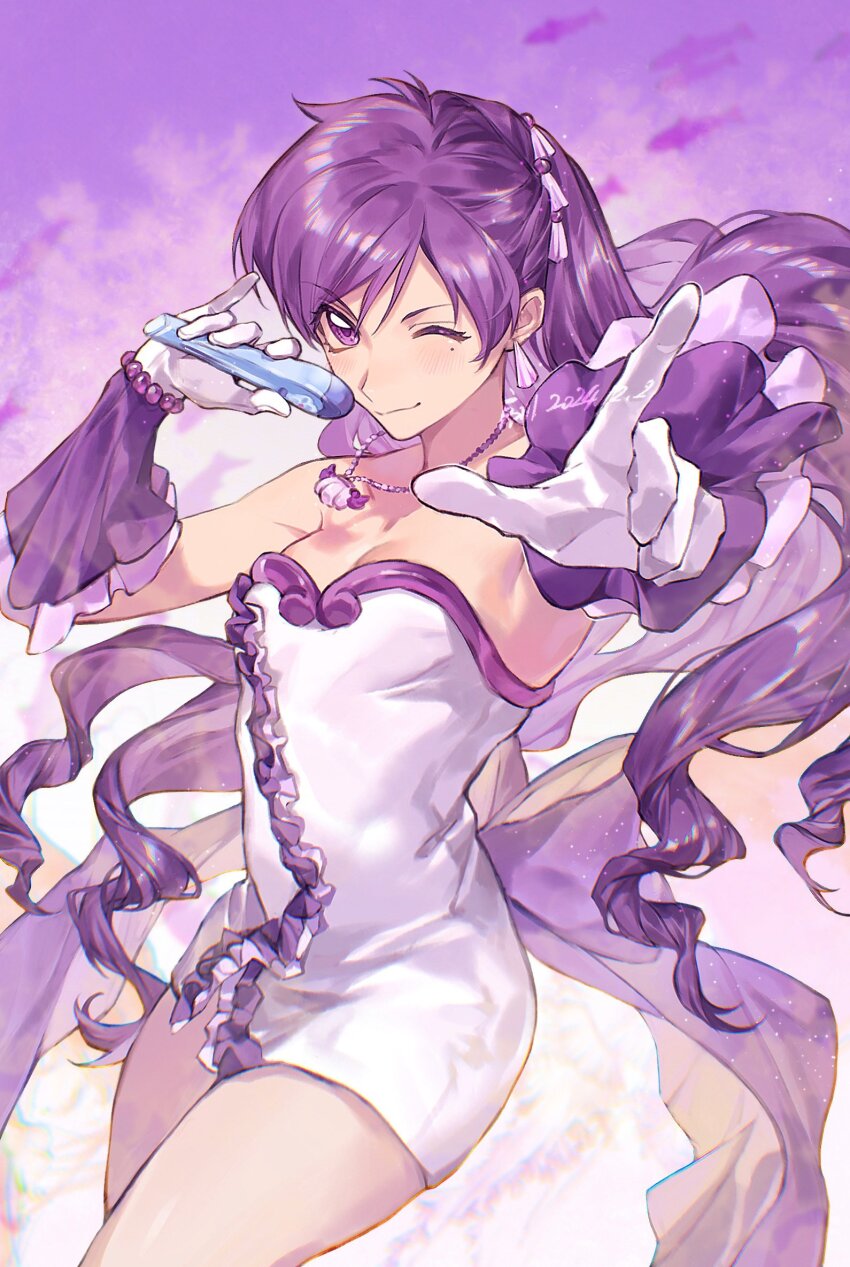 1girl back_bow bare_shoulders bead_bracelet beads bow bracelet breasts caren_(mermaid_melody_pichi_pichi_pitch) cleavage closed_mouth commentary cowboy_shot dress drill_hair earrings frilled_dress frilled_gloves frills gloves hair_bobbles hair_ornament hands_up highres holding holding_microphone idol idol_clothes jewelry light_blush long_hair looking_at_viewer magical_girl mermaid_melody_pichi_pichi_pitch microphone mole mole_under_eye necklace one_eye_closed parted_bangs pointing pointing_at_viewer purple_bow purple_eyes purple_gloves purple_hair shell shell_necklace short_dress smile solo strapless strapless_dress symbol-only_commentary tassel tassel_earrings tassel_hair_ornament two-tone_gloves white_dress white_gloves xuchuan