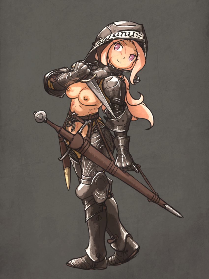 1girl armor battle_scarred belt black_armor breasts convenient_censoring couter covering_privates cuisses dagger ebenholz_(ironlily) facing_to_the_side gauntlets gorget grey_background helmet highres holding holding_dagger holding_knife holding_weapon ironlily knife light_smile long_hair long_sword looking_at_viewer naked_armor nipples original pauldrons pink_eyes pink_hair plate_armor ponytail rerebrace reverse_bikini_armor reverse_outfit sabaton sallet scabbard scar scar_on_face sheath sheathed shoulder_armor simple_background solo standing sword vambraces weapon