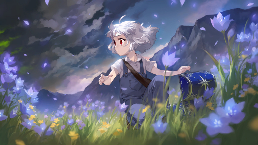 1girl artist_request bag blue_overalls check_artist child closed_mouth ein_lee field flower flower_field game_cg highres non-web_source on_one_knee overalls red_eyes shirt short_hair short_sleeves shoulder_bag solo tevi tevi_(character) white_hair white_shirt