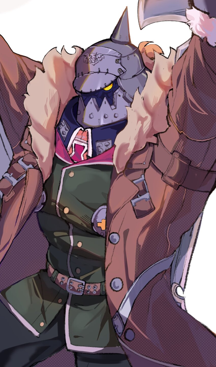 1boy belt brown_belt brown_coat coat green_jacket green_pants guilty_gear guilty_gear_strive highres jacket long_sleeves looking_at_viewer male_focus moenaomii_(artist) pants potemkin_(guilty_gear) spiked_helmet