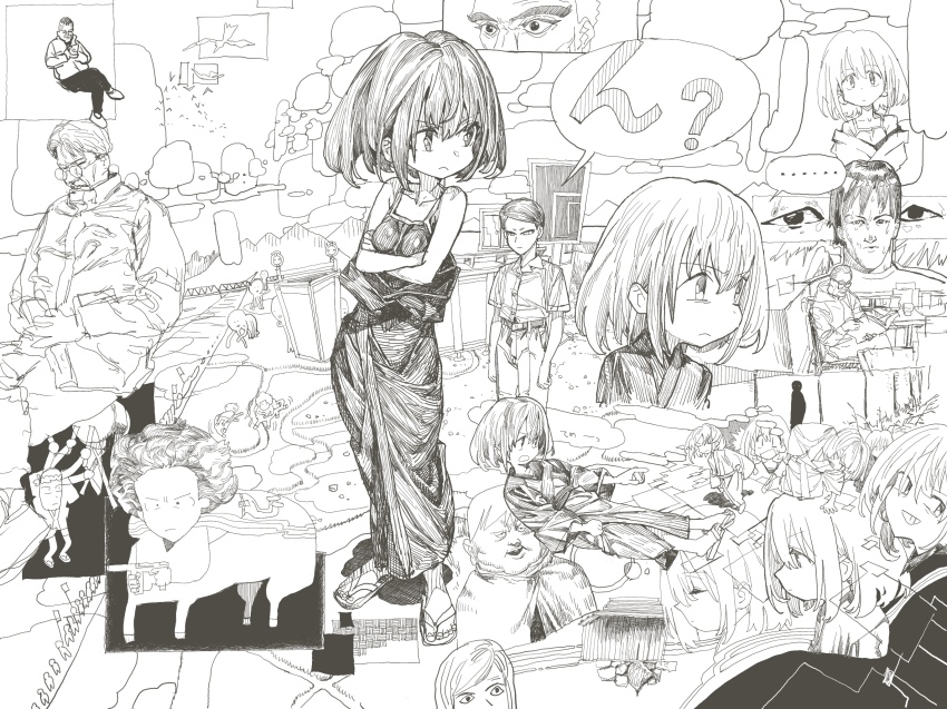 ... crowd glasses greyscale highres ikarashi_kai monochrome non-web_source original spoken_ellipsis