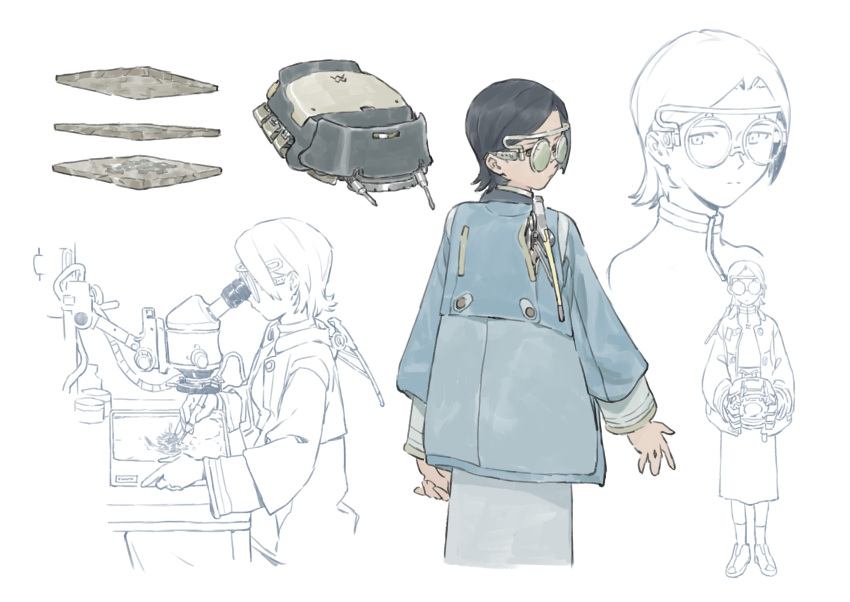 1girl black_hair blue_coat chenrong96 closed_mouth coat expressionless from_behind glasses highres holding long_sleeves looking_at_viewer looking_back multiple_views original short_hair simple_background socks split_mouth standing white_background