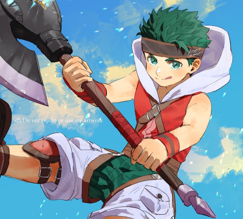 1boy 91007 aged_down axe battle_axe boyd_(fire_emblem) boyd_(future_great)_(fire_emblem) child commentary commentary_request fire_emblem fire_emblem:_path_of_radiance fire_emblem_heroes green_eyes green_hair holding holding_axe holding_weapon hood looking_at_viewer male_focus nintendo shorts solo symbol-only_commentary tongue tongue_out weapon