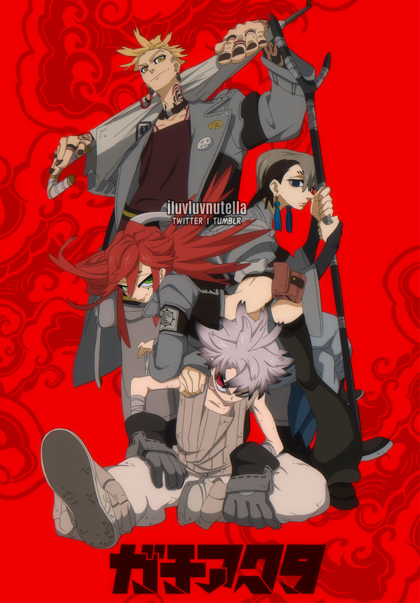 1girl 3boys belt_pouch black_nails blonde_hair brown_shirt crop_top ear_piercing earrings engine_(gachiakuta) gachiakuta gloves green_eyes grey_hair grey_jacket grey_shirt grey_tank_top highres holding holding_staff holding_umbrella iluvluvnutella jacket jewelry leaning_on_person leather leather_gloves looking_at_viewer loose_thighhigh medium_hair midriff multiple_boys nail_polish nijiku_zanka piercing pouch red_background red_eyes red_hair ringed_eyes riyou_reaper rudo_surebrec shirt short_hair shorts simple_background sitting staff tank_top tassel tassel_earrings tattoo umbrella yellow_eyes