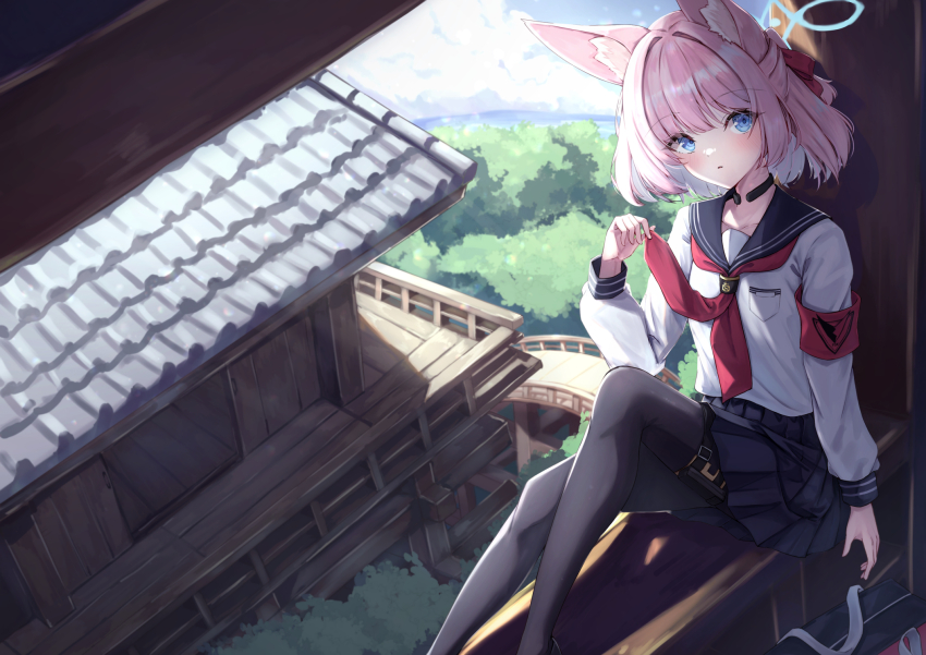 1girl aki_tsune animal_ear_fluff arm_at_side armband bag black_pantyhose black_sailor_collar black_skirt blue_archive blue_eyes blue_halo blue_sky blunt_bangs blush bridge building cloud commentary day dutch_angle eyes_visible_through_hair feet_out_of_frame from_above hair_intakes hair_ribbon half_updo halo hand_up highres holding holding_neckerchief horizon knees_up looking_at_viewer medium_hair miniskirt neckerchief niko_(blue_archive) ocean outdoors pantyhose parted_lips pink_hair pleated_skirt ponytail red_armband red_neckerchief red_ribbon ribbon sailor_collar school_uniform serafuku shirt short_ponytail sidelighting sitting skirt sky solo straight_hair tactical_school_uniform tile_roof white_shirt