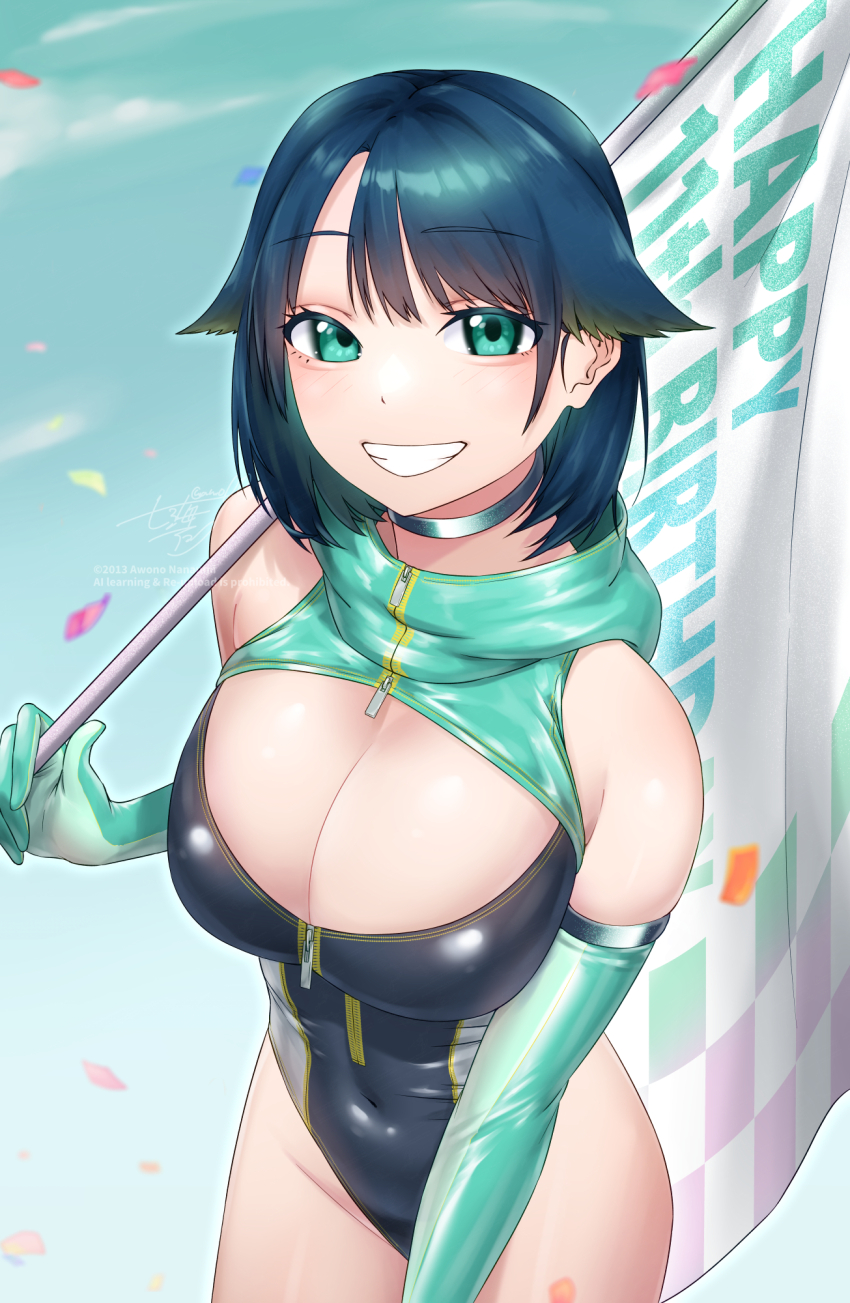 1girl adapted_costume aqua_eyes awono_nanaumi black_hair black_leotard blue_sky breasts cleavage cleavage_cutout clothing_cutout cloud covered_navel cowboy_shot elbow_gloves flag front_zipper fukami_nana_(awono_nanaumi) gloves green_gloves grin hair_flaps happy_birthday highres large_breasts leotard looking_at_viewer multicolored_leotard original race_queen short_hair sky smile solo zipper_pull_tab