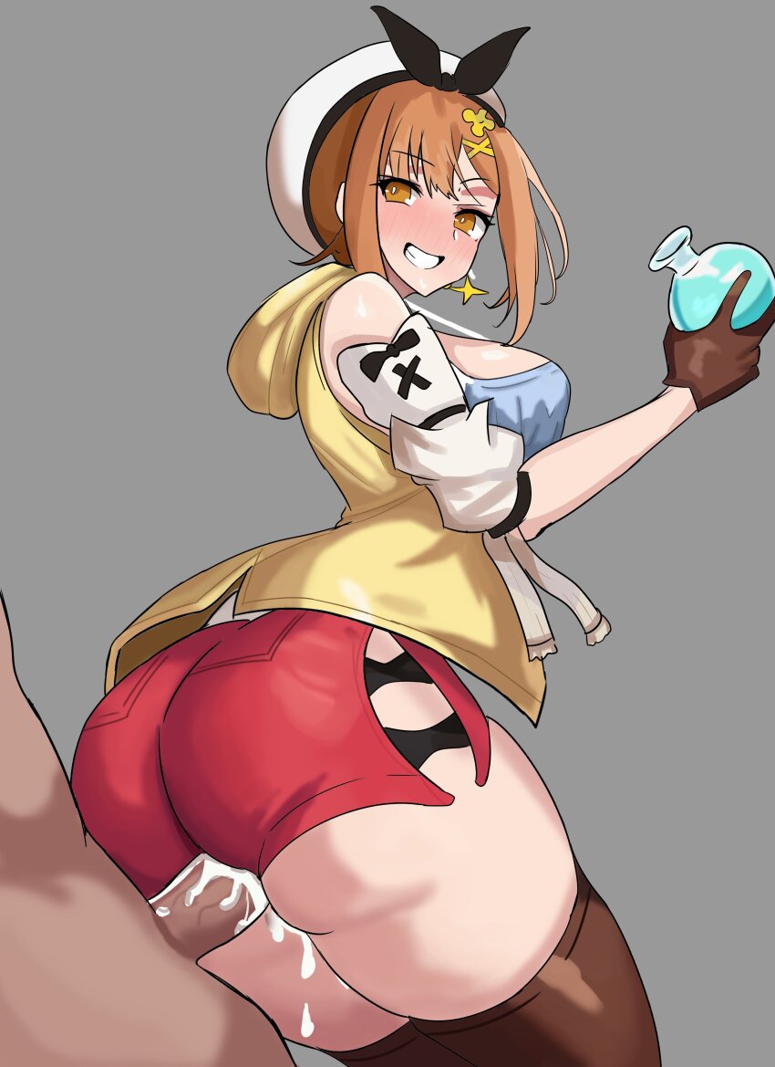 1boy 1girl absurdres amadeuslight ass atelier_(series) atelier_ryza bare_shoulders black_bow blush bow breasts brown_eyes brown_hair brown_thighhighs clothed_female_nude_male cum cumdrip detached_sleeves hair_bow hair_ornament hairclip hat hetero highres holding_glass jacket large_breasts looking_back nude penis red_shorts reisalin_stout short_hair short_shorts shorts simple_background smile teeth thick_thighs thigh_sex thighhighs thighs white_hat yellow_jacket