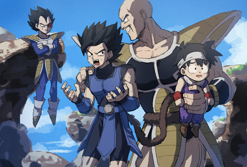 4boys armor bald bandana black_eyes black_hair blue_armor blue_sky bracer carrying carrying_person child clenched_teeth cloud commentary_request crossed_arms dougi dragon_ball dragon_ball_legends dragonball_z facial_hair gloves hand_on_another&#039;s_shoulder highres kometubu0712 male_focus medium_hair monkey_boy monkey_tail multiple_boys muscular muscular_male mustache nappa open_mouth outdoors red-tinted_eyewear saiyan_armor scouter shallot_(dragon_ball) short_hair single_bang sky son_gohan spiked_hair sweatdrop tail tail_around_waist tears teeth tinted_eyewear vegeta white_bandana white_gloves widow&#039;s_peak