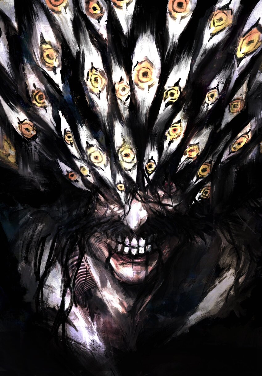 1boy black_hair bleach bleach:_sennen_kessen-hen blood clenched_teeth close-up dark eldritch_abomination evil_smile extra_eyes facial_hair highres horror_(theme) long_hair looking_at_viewer male_focus mustache no_eyebrows nose old old_man open_mouth quincy_(bleach) red_eyes shaded_face shadow simple_background smile solo sternritter teeth thick_mustache xa8uofivf2mcart yellow_eyes yhwach