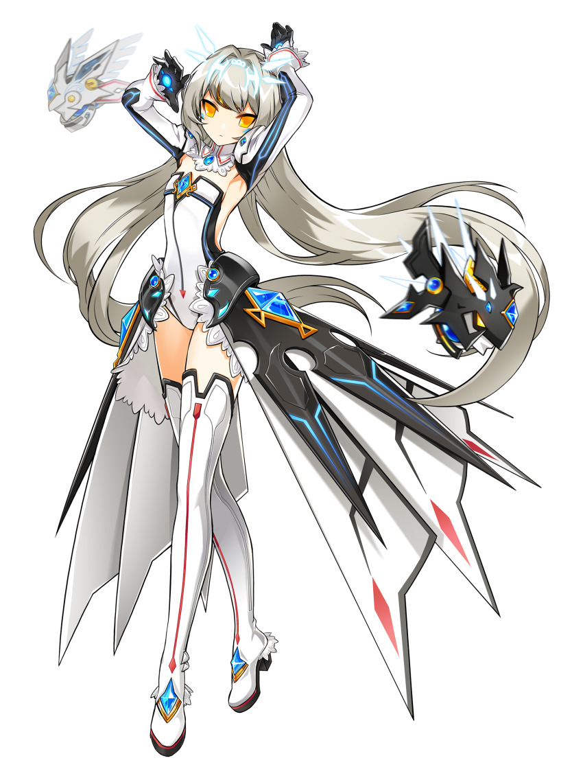 1girl artist_request boots code:_battle_seraph_(elsword) elsword eve_(elsword) expressionless full_body game_cg gem gloves highres leotard long_hair looking_at_viewer mecha_musume moby_(elsword) official_art open_clothes open_skirt remy_(elsword) second-party_source showgirl_skirt simple_background skirt solo thigh_boots transparent_background very_long_hair yellow_eyes