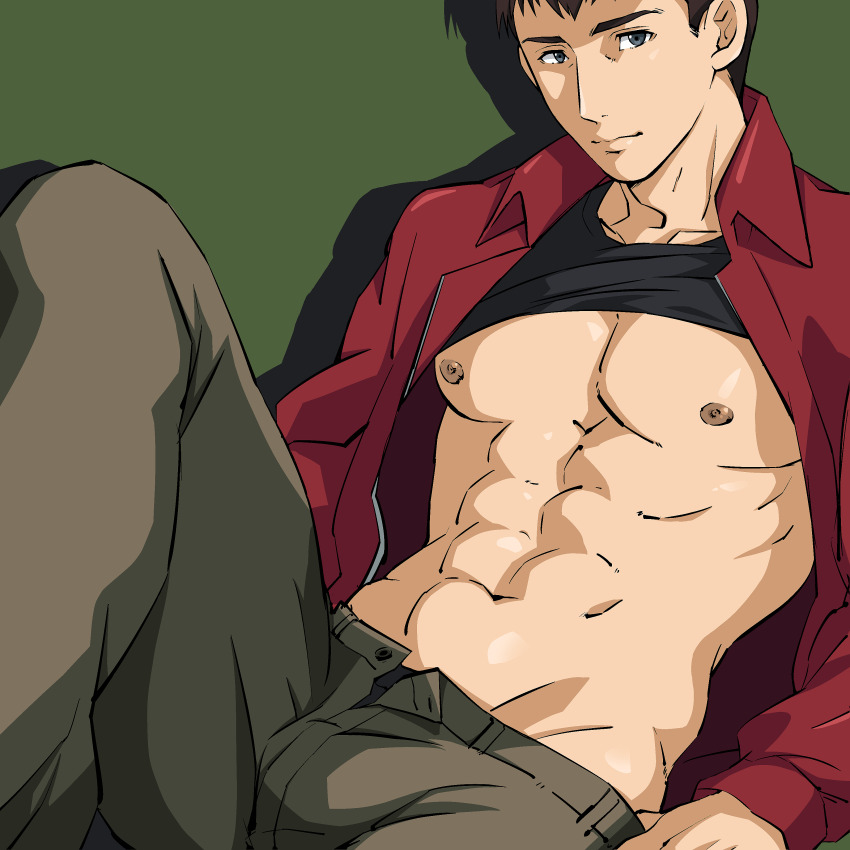 1boy abs absurdres banzaibamboo bara bare_pectorals brown_hair bulge clothes_lift cowboy_shot expressionless highres knee_up male_focus navel nipples open_fly pants pectorals ryuji_satake shirt_lift short_hair solo stomach thick_eyebrows toned toned_male v-taper yuuki_bakuhatsu_bang_bravern
