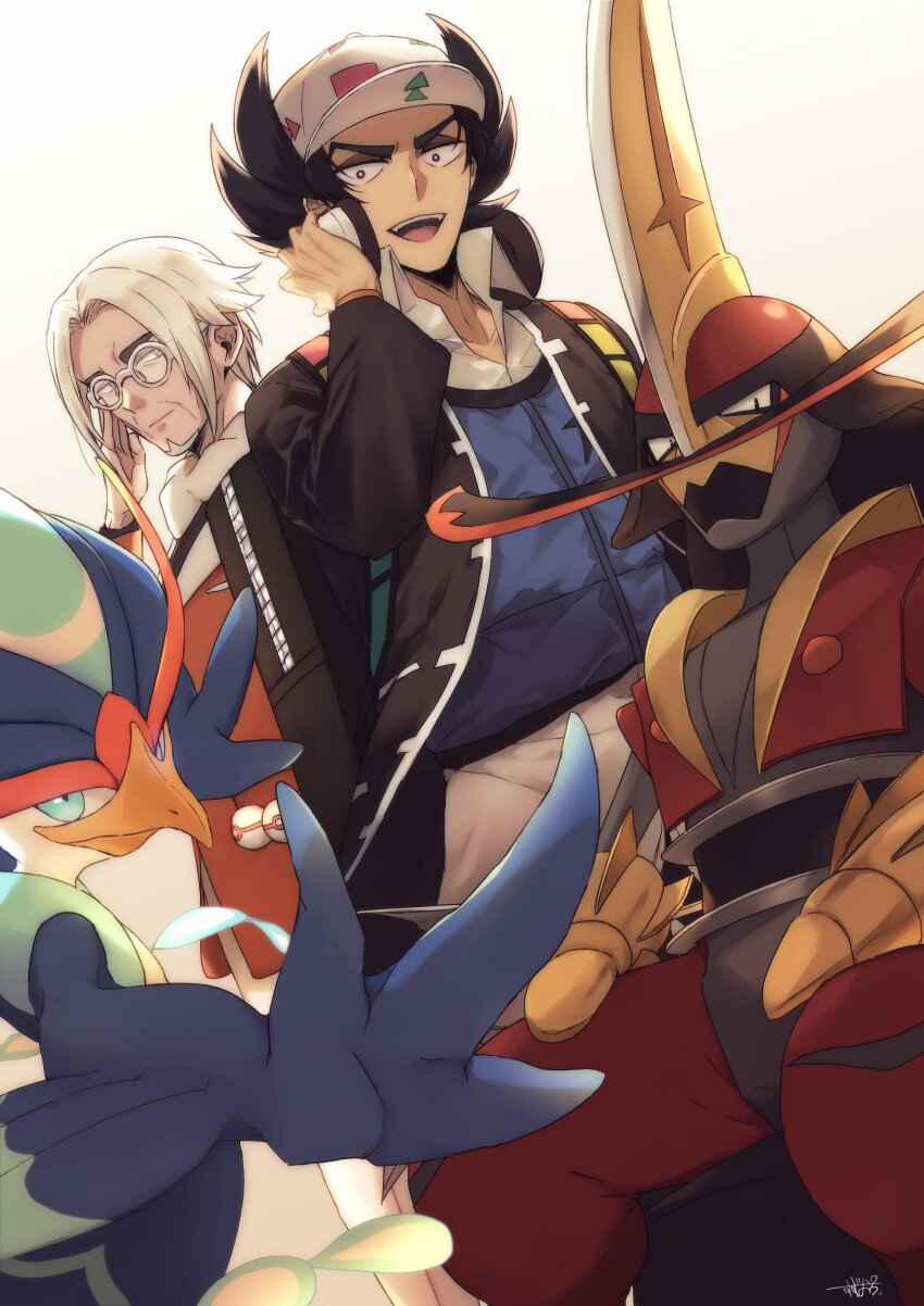 2boys absurdres adjusting_eyewear arm_up baseball_cap black_hair black_jacket blue_eyes blue_vest clavell_(pokemon) collared_shirt commentary_request facial_hair giacomo_(pokemon) glasses goatee hair_behind_ear hat headphones headphones_around_neck highres jacket kingambit looking_at_viewer male_focus multiple_boys nintendo old old_man open_clothes open_collar open_jacket open_mouth pokemon pokemon_(creature) pokemon_sv popped_collar quaquaval red_jacket round_eyewear shirt short_hair simple_background standing suzukinoko1021 teeth tongue upper_teeth_only vest white_background white_shirt