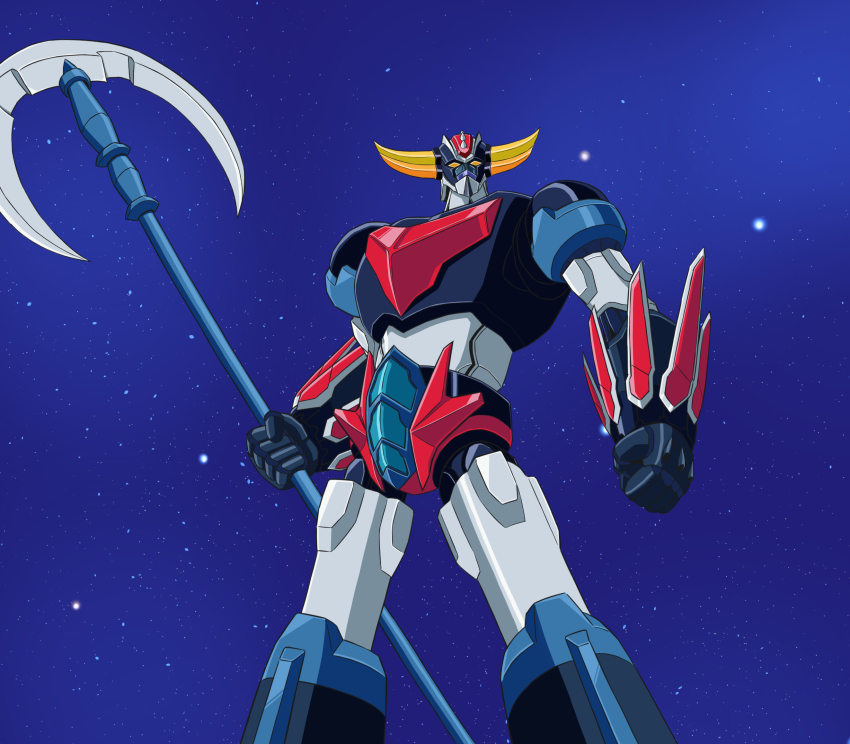 clenched_hand eccu7732 grendizer grendizer_(grendizer_u) grendizer_u highres holding holding_polearm holding_weapon horns looking_at_viewer mazinger_(series) mecha mecha_focus no_humans polearm redesign robot science_fiction space super_robot ufo_robo_grendizer weapon