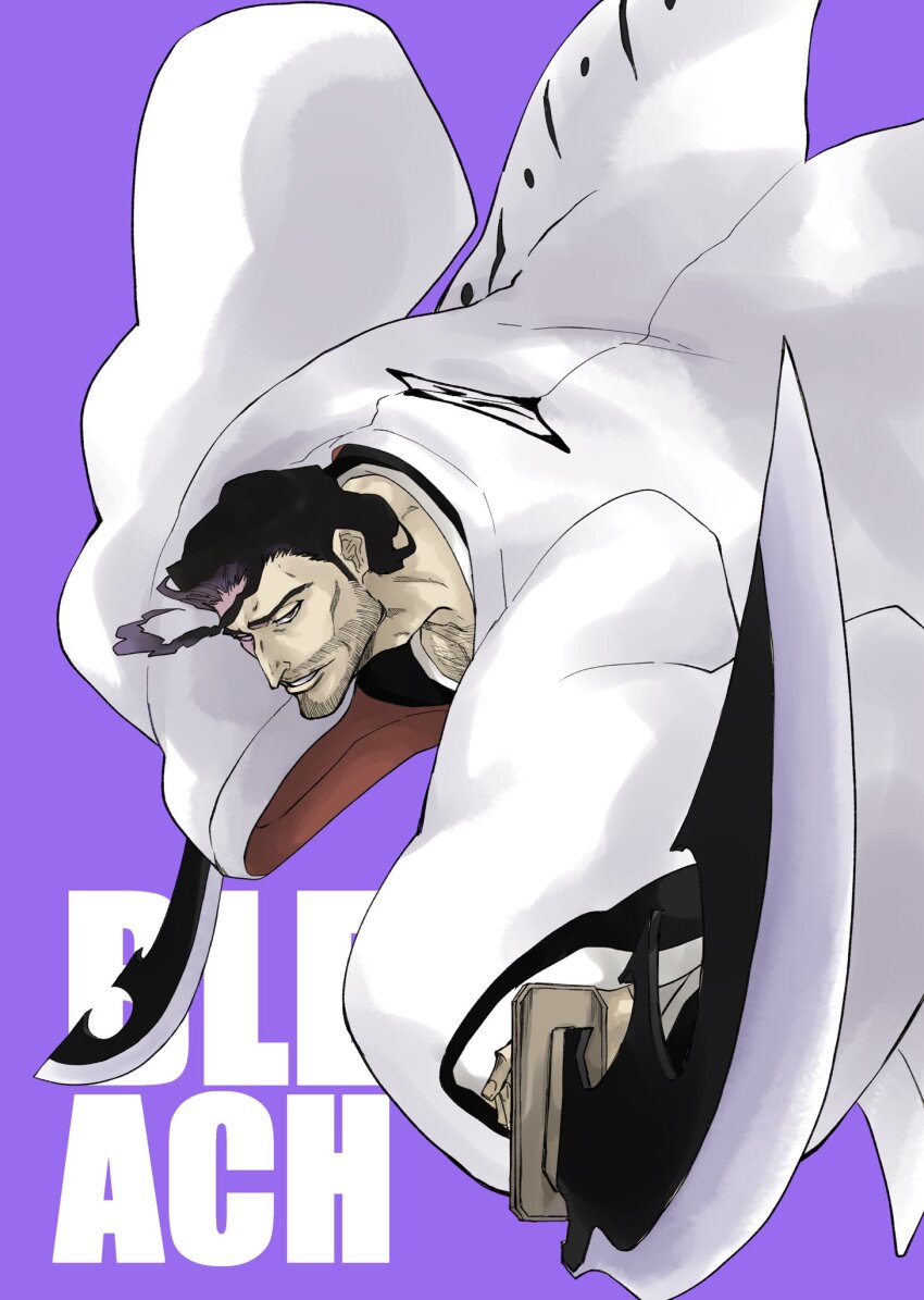 1boy black_hair bleach chest_hair copyright_name dual_wielding facial_hair fighting_stance floating_clothes floating_hair foreshortening haori hashtag-only_commentary highres holding holding_sword holding_weapon japanese_clothes katen_kyoukotsu_(shikai) kyouraku_shunsui leaning_forward lips long_sleeves looking_at_viewer male_focus mature_male mitu_hide43 nose parted_lips purple_background short_hair simple_background solo stubble sword taichou_haori tsurime weapon wide_sleeves