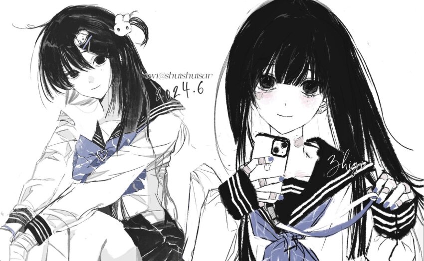 1girl bandaid bandaid_on_face bandaid_on_finger bandaid_on_neck black_hair black_sailor_collar blue_bow blue_bowtie blue_nails bow bowtie cellphone closed_mouth commentary dated highres holding holding_phone long_sleeves looking_at_viewer mole mole_under_eye multiple_views nail_polish original phone sailor_collar school_uniform serafuku shirt shuishuisama smartphone white_shirt