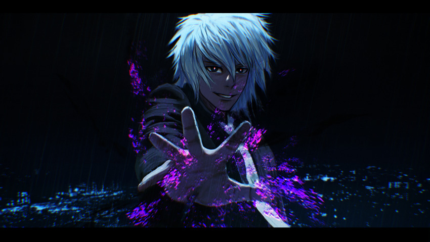 absurdres aura black_eyes black_suit business_suit crain1art dark_aura dark_background date_a_live formal_clothes highres necktie non-web_source outstretched_arm red_pupils sir_isaac_ray_peram_westcott solo suit white_hair white_necktie