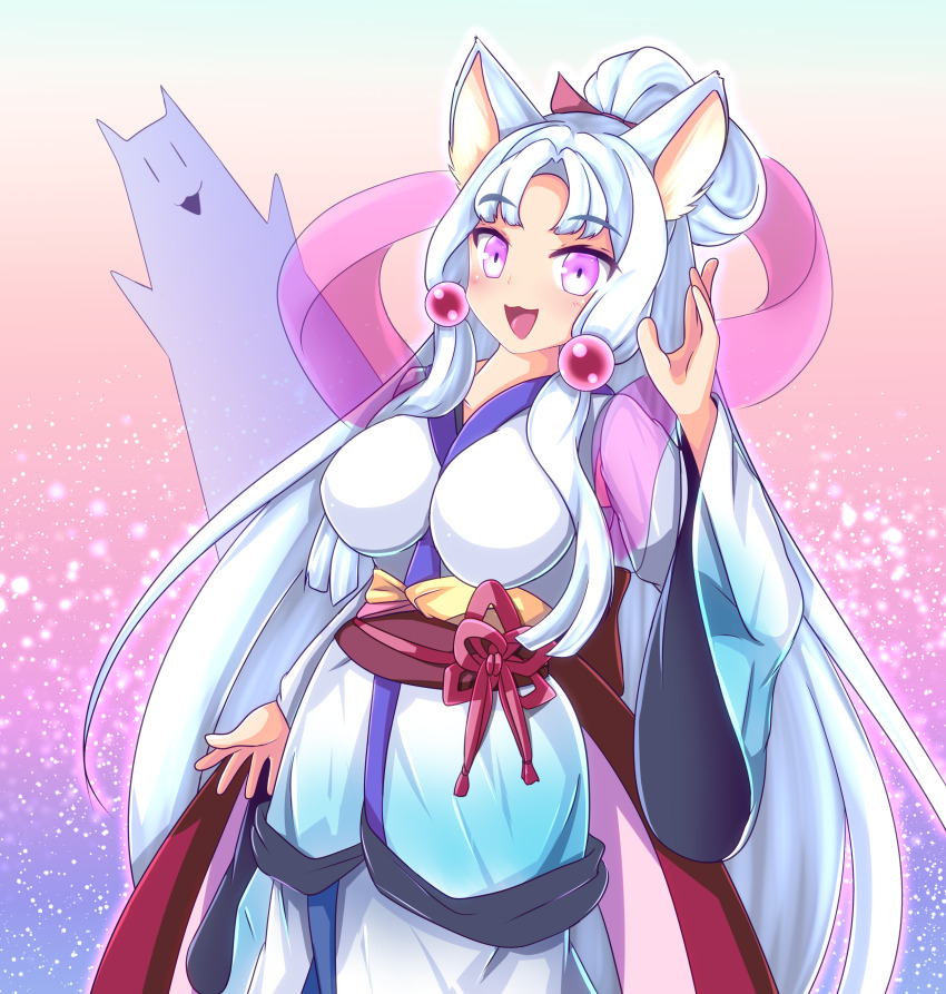 1girl :3 absurdres animal_ears arm_up blue_trim breasts chibi commentary_request cowboy_shot curtained_hair fox fox_ears fox_girl gensouyakyuu gradient_background hair_ornament highres japanese_clothes kimono large_breasts light_particles long_hair long_sleeves looking_at_viewer obi open_mouth pink_ribbon ponytail purple_eyes rainbow_background red_sash ribbon sash sidelocks smile touhoku_itako very_long_hair voiceroid white_hair white_kimono wide_sleeves yellow_sash
