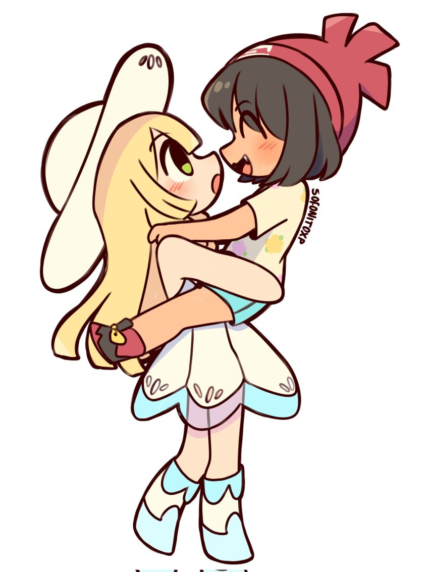 beanie black_hair blonde_hair blue_shorts closed_eyes dark-skinned_female dark_skin dress fang full_body green_eyes hat highres hug lillie_(pokemon) long_hair nintendo open_mouth pokemon pokemon_sm selene_(pokemon) shirt short_hair short_sleeves shorts sofo_soup sun_hat white_background white_shirt yuri