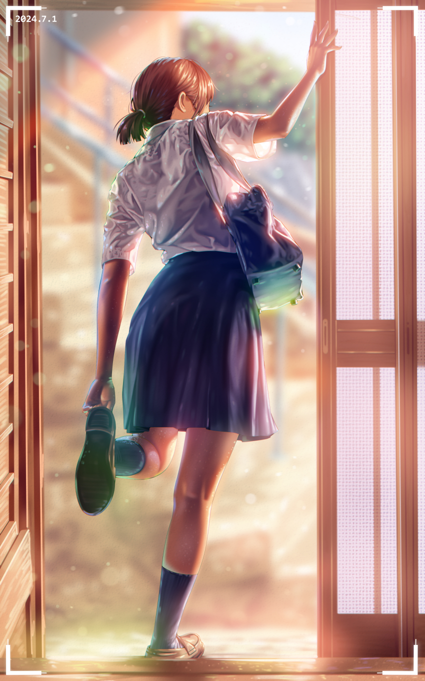 1girl a.x. absurdres adjusting_clothes adjusting_shoe bag blue_skirt blue_socks brown_hair commentary_request dated doorway from_behind full_body highres kneepits original ponytail pov_doorway school_bag school_uniform see-through_silhouette serafuku shirt short_ponytail short_sleeves skirt sliding_doors socks solo standing standing_on_one_leg white_shirt