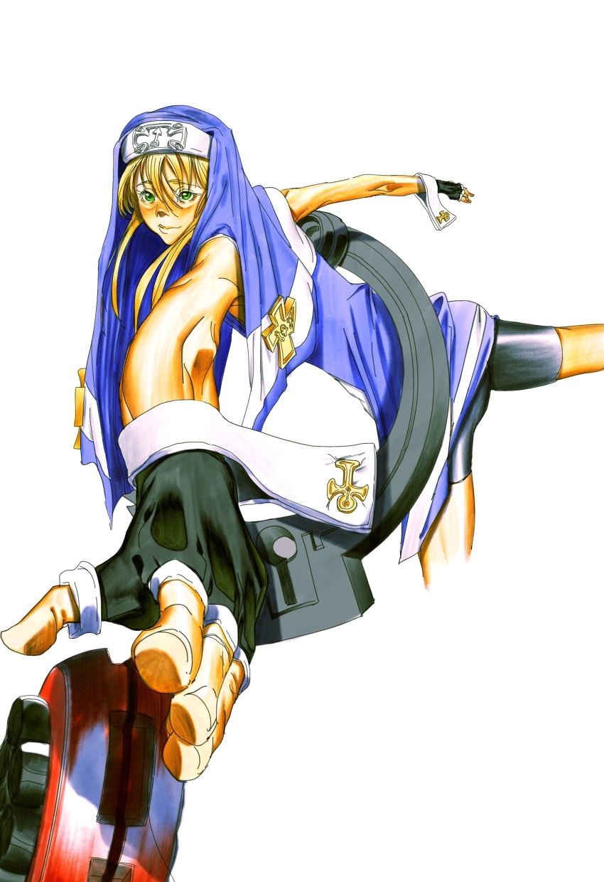 1boy absurdres bare_shoulders bike_shorts black_gloves blonde_hair blue_dress blue_hood bridget_(guilty_gear) closed_mouth cropped_legs cross dress fingerless_gloves foreshortening gloves green_eyes guilty_gear guilty_gear_xx highres hood leg_up long_hair male_focus mars_symbol nun outstretched_arms sidelocks simple_background solo standing standing_on_one_leg storyteller777 trap venus_symbol white_background white_wrist_cuffs wrist_cuffs yo-yo