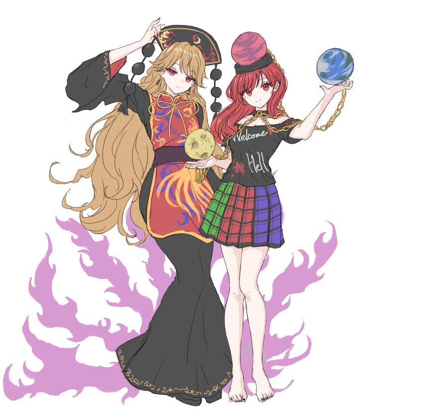 2girls absurdres barefoot black_boots black_choker black_dress black_nails black_shirt blonde_hair boots breasts chain choker cleavage closed_mouth clothes_writing commentary_request dalachi_(headdress) dress earth_(ornament) earth_(planet) fingernails full_body gold_chain green_skirt hand_on_headwear hecatia_lapislazuli highres junko_(touhou) kashiwada_kiiho long_fingernails long_hair looking_at_viewer moon moon_(ornament) multicolored_skirt multiple_girls off-shoulder_shirt off_shoulder planet purple_skirt red_eyes red_hair red_nails red_skirt red_tabard shirt short_sleeves skirt smile standing t-shirt tabard touhou underworld_(ornament) very_long_hair white_background