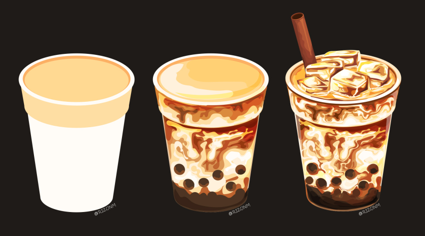 black_background bubble_tea coffee cup disposable_cup drink drinking_straw food food_focus highres ice ice_cube no_humans original progression rizu_(rizunm) simple_background twitter_username