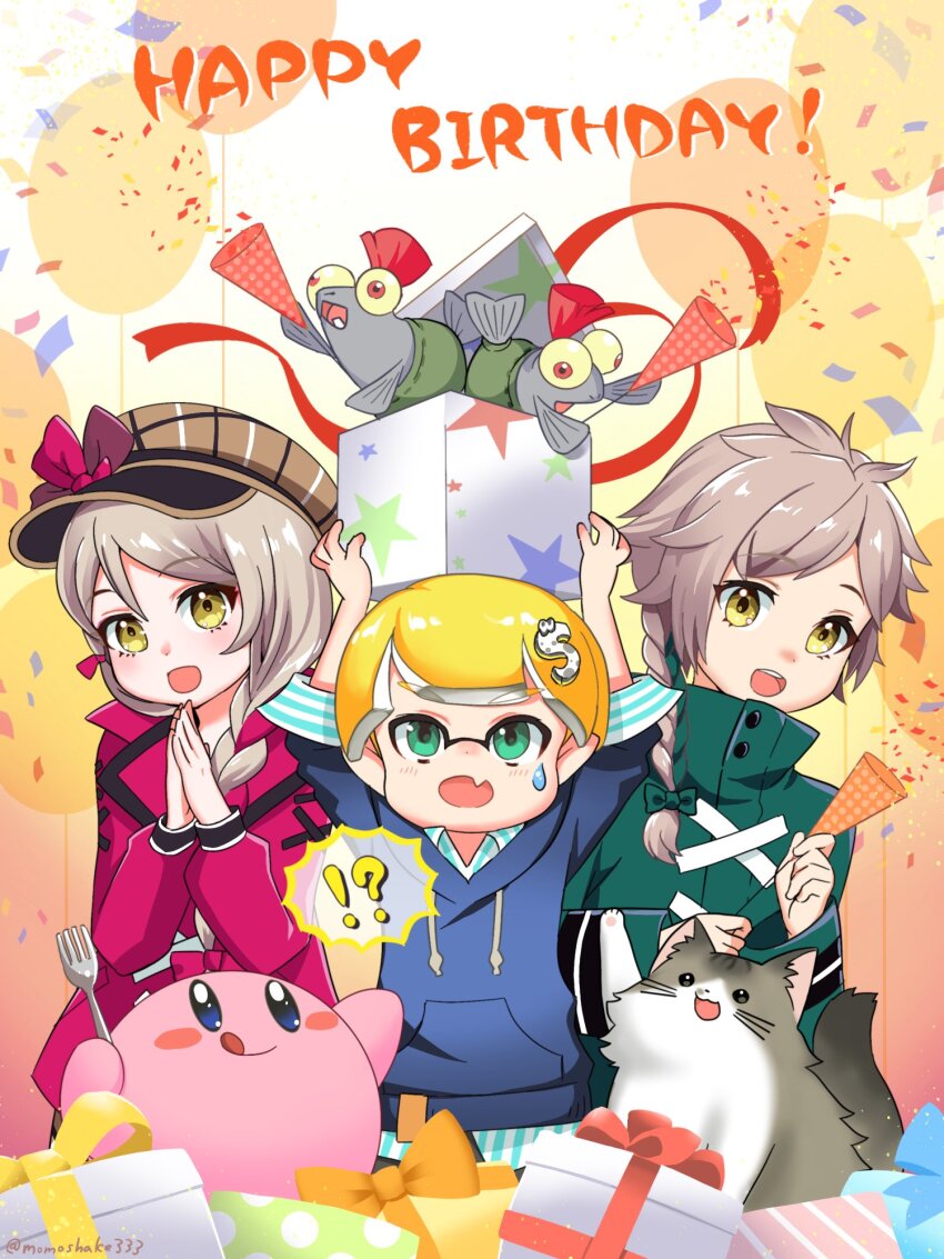 blonde_hair brother_and_sister clanne_(fire_emblem) fire_emblem fire_emblem_engage framme_(fire_emblem) green_hair happy_birthday highres inkling_player_character kirby kirby_(series) momosyake333 nintendo open_mouth pink_hair siblings smallfry_(splatoon) splatoon_(series) yellow_eyes